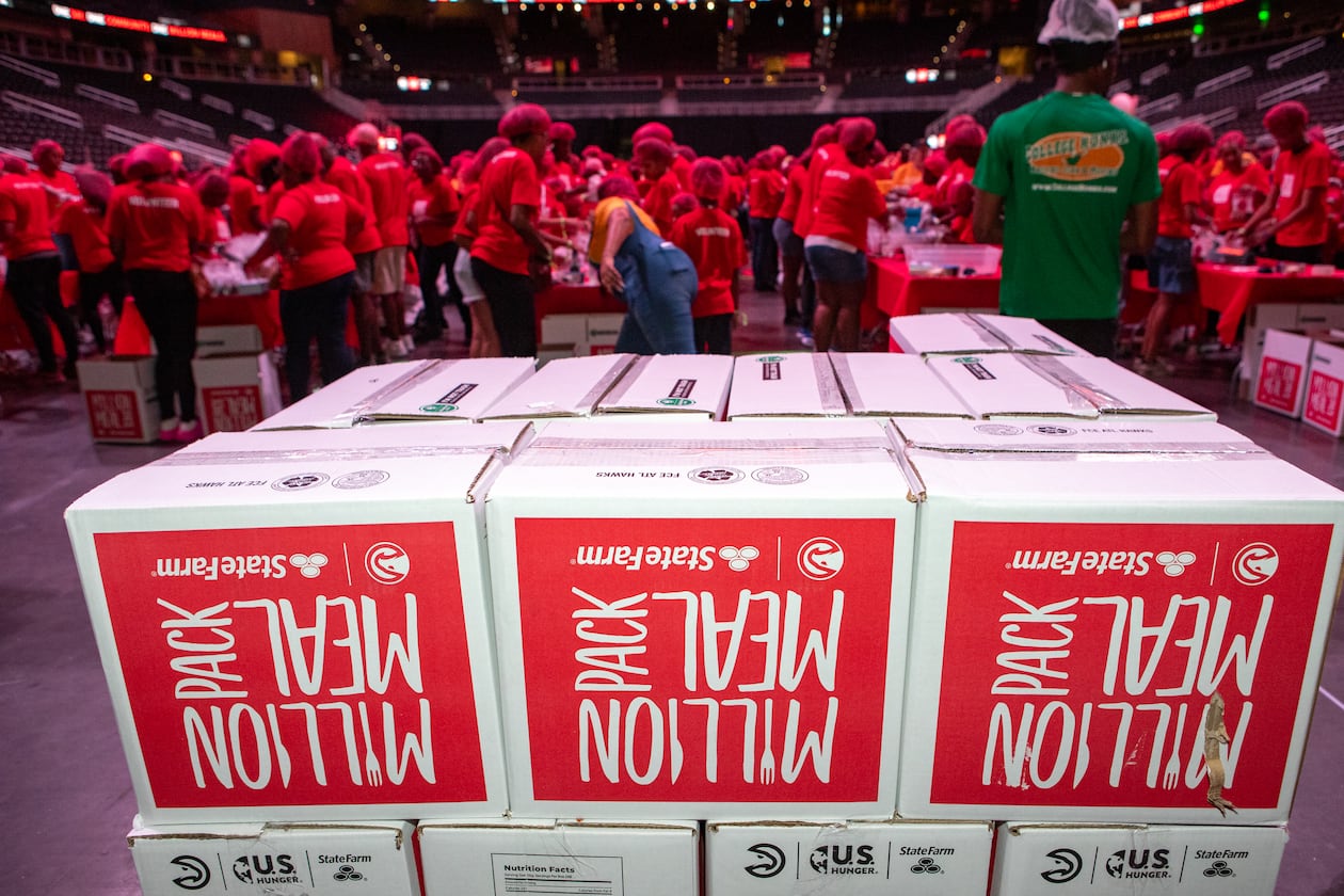 On Saturday, Sept. 26, 2026, the Atlanta Hawks will once again host the Million Meal Pack at State Farm Arena. More than 5,000 volunteers, along with yet-to-be-announced celebrities, will package 1 million meals for food banks in metro Atlanta. (Jenni Girtman for the AJC 2024)