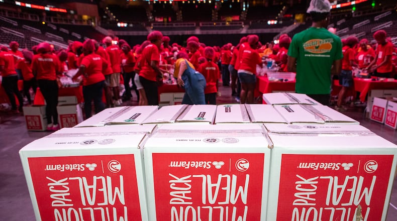 On Saturday, Sept. 26, 2026, the Atlanta Hawks will once again host the Million Meal Pack at State Farm Arena. More than 5,000 volunteers, along with yet-to-be-announced celebrities, will package 1 million meals for food banks in metro Atlanta. (Jenni Girtman for the AJC 2024)