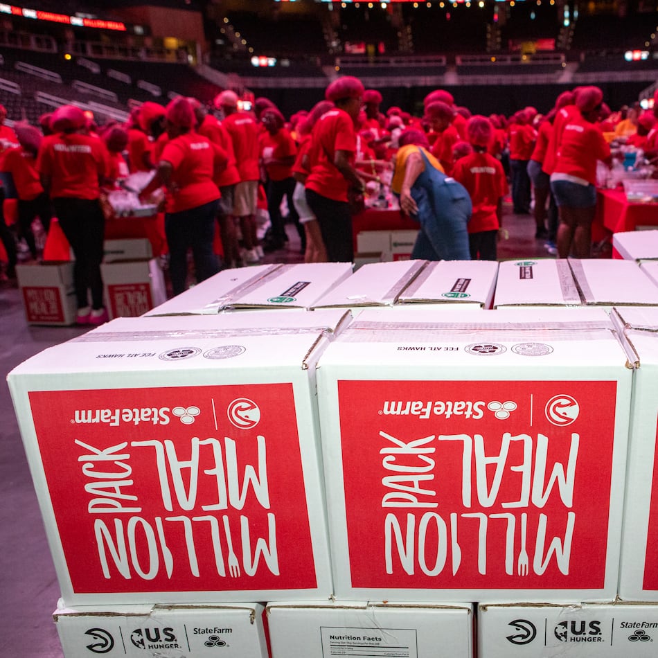 On Saturday, Sept. 26, 2026, the Atlanta Hawks will once again host the Million Meal Pack at State Farm Arena. More than 5,000 volunteers, along with yet-to-be-announced celebrities, will package 1 million meals for food banks in metro Atlanta. (Jenni Girtman for the AJC 2024)