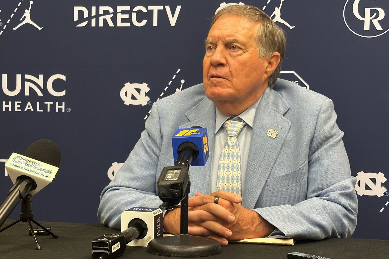 UNC coach Bill Belichick speaks during the ACC Kickoff on Friday, July 17, 2026 in Charlotte, N.C. Belichick is entering his second season at North Carolina. (Aaron Beard/AP)