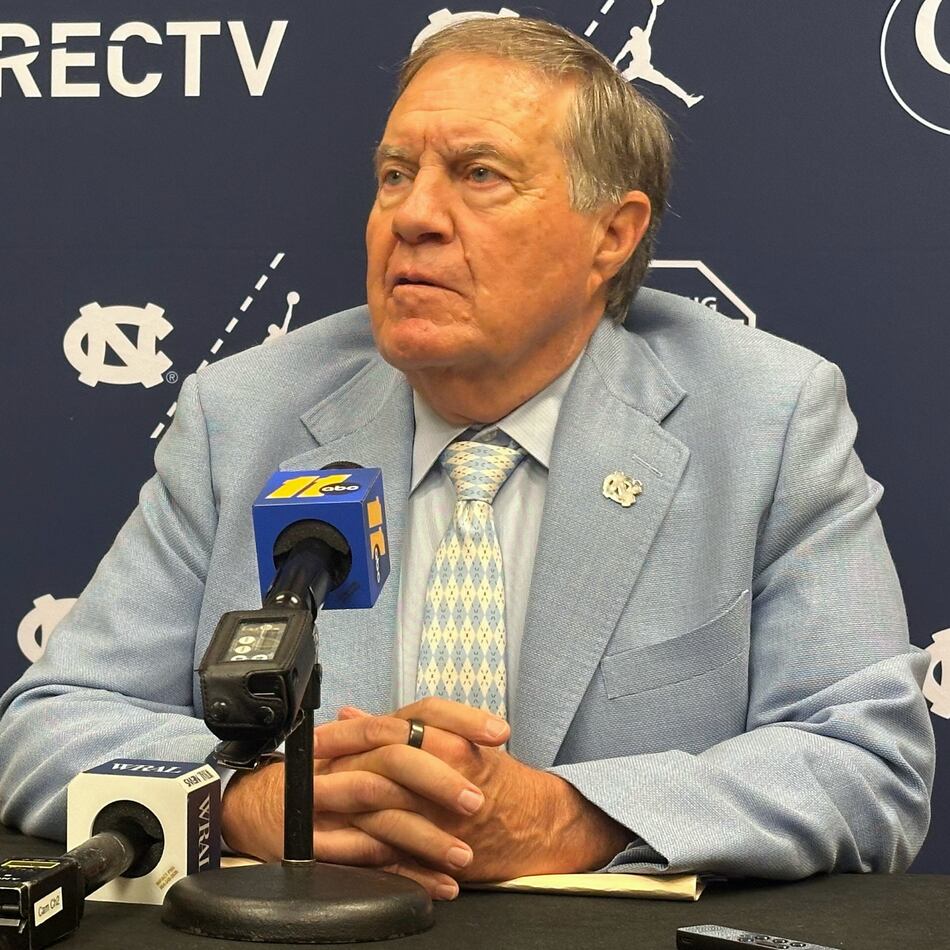 UNC coach Bill Belichick speaks during the ACC Kickoff on Friday, July 17, 2026 in Charlotte, N.C. Belichick is entering his second season at North Carolina. (Aaron Beard/AP)