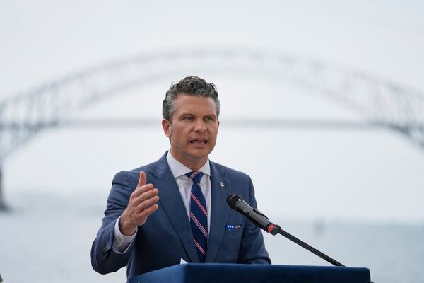 U.S. Defense Secretary Pete Hegseth speaks at Port of Rodman in West Panama, Tuesday, April 8, 2025. (AP Photo/Matias Delacroix)