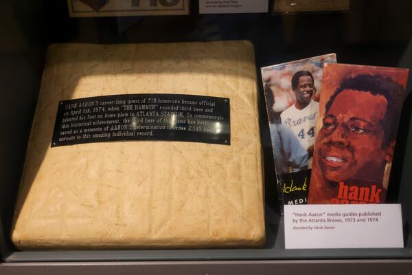 This is third base that Hank Aaron stepped on after he hit home run No. 715 on April 8, 1974, at Atlanta Stadium, shown in the exhibit, The Hank Aaron: Chasing The Dream, at the National Baseball Hall of Fame.
