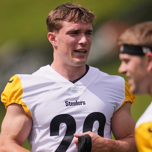 FILE - Pittsburgh Steelers Eli Heidenreich participates in the NFL team's camp in Latrobe, Pa., Wednesday, July 29, 2026. (AP Photo/Gene J. Puskar, file)
