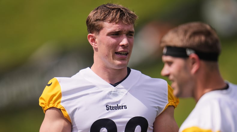 FILE - Pittsburgh Steelers Eli Heidenreich participates in the NFL team's camp in Latrobe, Pa., Wednesday, July 29, 2026. (AP Photo/Gene J. Puskar, file)