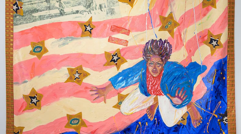 This painting by Emma Amos is featured in the new Georgia Museum show, "Emma Amos: Color Odyssey." The Atlanta-born artist created this in1992. The exhibition is considered the first and long overdue retrospective of the artist's work.