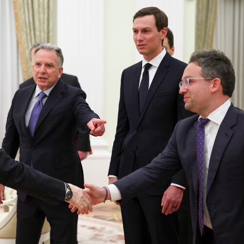 Russian President Vladimir Putin, left, greet U.S. President Donald Trump's envoys Steve Witkoff, centre left, Jared Kushner, second right, and Josh Gruenbaum, the head of the Federal Acquisition Service at the General Services Administration, at the Senate Palace of the Kremlin, in Moscow, Thursday, Jan. 22, 2026. (Alexander Kazakov/Sputnik, Kremlin Pool Photo via AP)