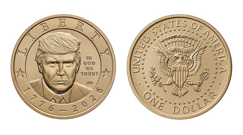 FILE - The U.S. Mint has started producing a new $1 coin featuring President Donald Trump's image. (AP Graphic/Treasury Department, File)