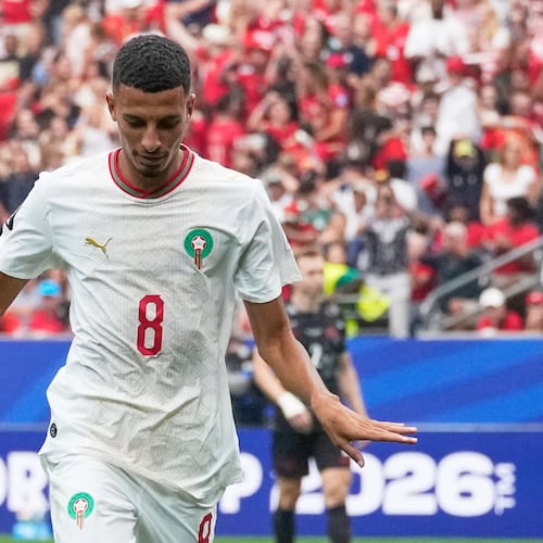 Morocco's Azzedine Ounahi celebrates after scoring his side's second goal against Canada during the World Cup round of 16 soccer match in Houston, Saturday, July 4, 2026. (AP Photo/David J. Phillip)