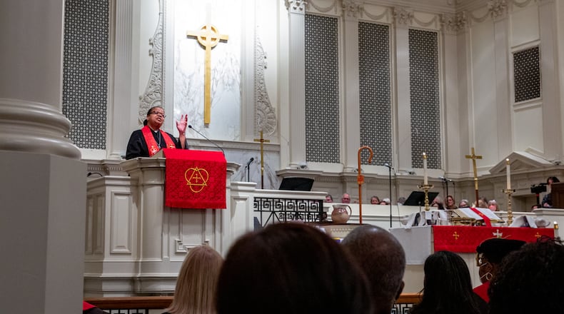 Bishop Robin Dease shown during her installation as leader of the North Georgia Conference of the United Methodist Church on Sunday, Jan 8, 2023.  (Jenni Girtman for the Atlanta Journal-Constitution)