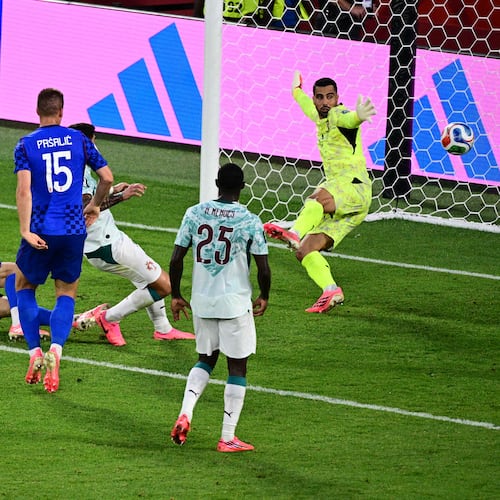 Croatia's Josko Gvardiol (4) scores a goal against Portugal goalkeeper Diego Costa (1) that was later taken back due to an offside call, during the second half of a World Cup round of 32 soccer match, in Toronto on Thursday, July 2, 2026. (Sammy Kogan/The Canadian Press via AP)