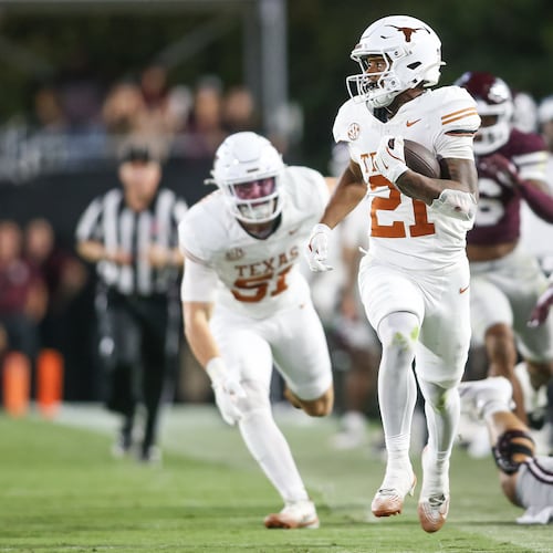 Texas wide receiver Ryan Niblett (21) runs a punt return for a touchdown against Mississippi State during the second half of an NCAA college football game in Starkville, Miss., Saturday, Oct. 25, 2025. (AP Photo/James Pugh)