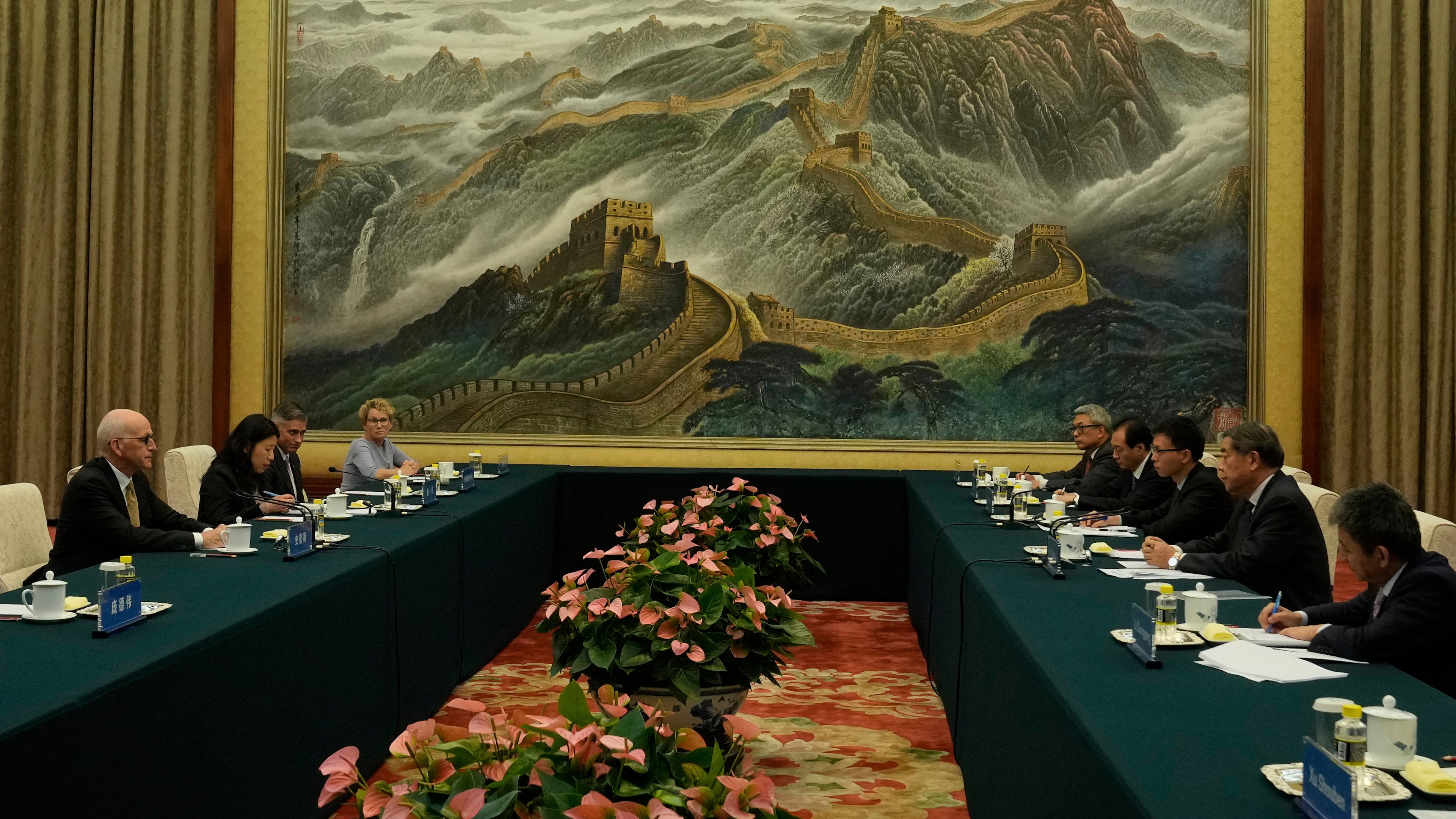 Chinese Vice Premier He Lifeng, second from right, speaks with Rep. Adam Smith, D-Wash, left, as he leads a bipartisan group of U.S. lawmakers at the Great Hall of the People in Beijing, China, Monday, Sept. 22, 2025. (AP Photo/Mahesh Kumar A., Pool)