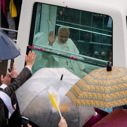 Pope Leo XIV waves from the popemobile as he arrives to the Monastery of Saint Maroun in Annaya, Lebanon, Monday, Dec. 1, 2025. (AP Photo/Hassan Ammar)