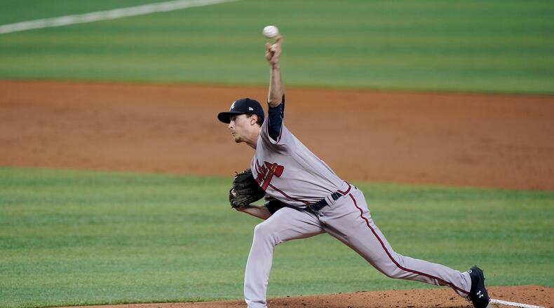 Atlanta Braves' Max Fried delivers a pitch during the first inning of a baseball game against the Miami Marlins, Saturday, June 12, 2021, in Miami. (AP Photo/Wilfredo Lee)