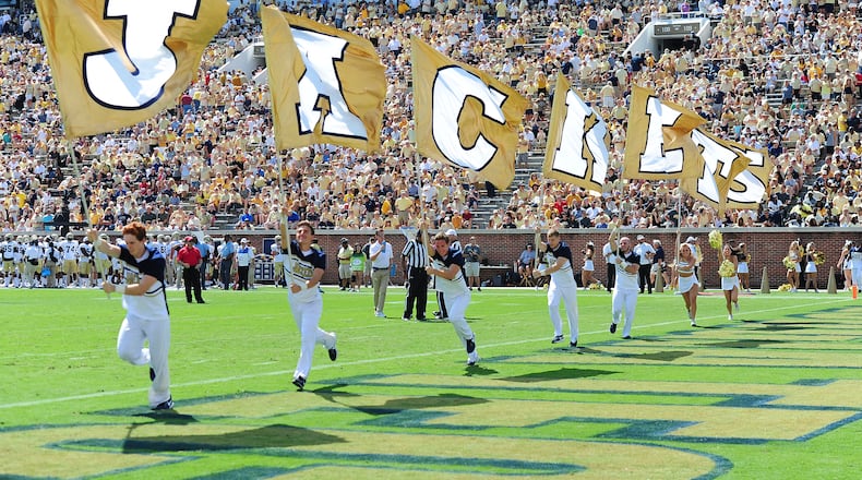 Members of the Georgia Tech Yellow Jackets Cheerleaders perform during the game against Jacksonville State Gamecocks on September 9, 2017 in Atlanta. (Photo by Scott Cunningham/Getty Images)
