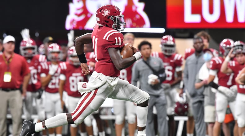 August 21, 2021 Atlanta - Lowndes' QB Jacurri Brown (11) runs with the ball during the 2021 Corky Kell Classic on Saturday, August 21, 2021. (Hyosub Shin / Hyosub.Shin@ajc.com)