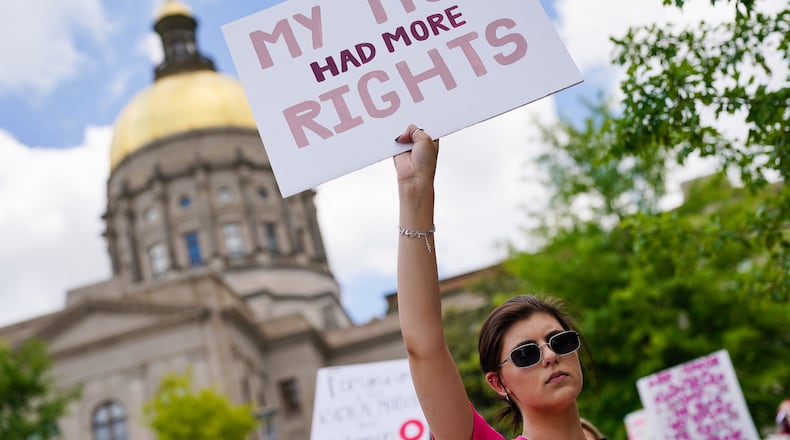In this photo from May 14, 2022, protesters rally outside the Georgia State Capitol in support of abortion rights in Atlanta. (Elijah Nouvelage/AFP via Getty Images/TNS)