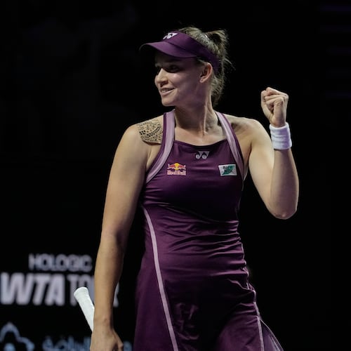 Elena Rybakina of Kazakhstan celebrates after defeating Aryna Sabalenka of Belarus in the women's final singles match of the WTA finals in Riyadh, Saudi Arabia, Saturday, Nov. 8, 2025. (AP Photo/ Fatima Shbair)