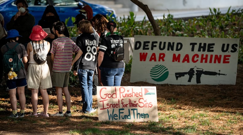 Demonstrators gathered for a second day of protests at Hurt Park in downtown Atlanta. Locals and Georgia State University students are standing againt the war in Gaza and GILEE.