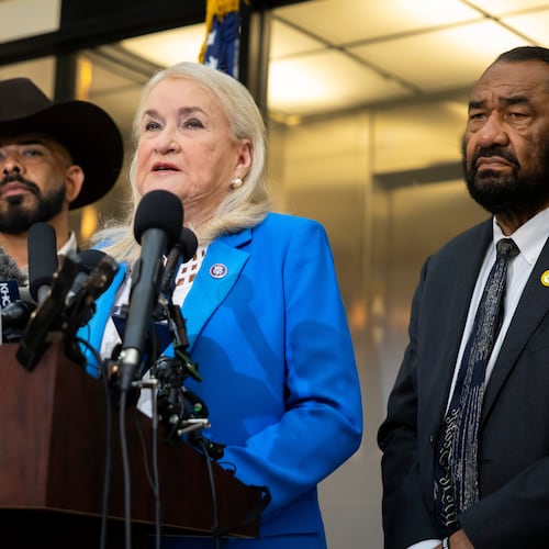 Congresswoman Sylvia Garcia speaks during a press briefing regarding her conversation with Acting ICE Director David Venturella outside her office in Houston, on Friday, July 10, 2026. (AP Photo/Annie Mulligan)