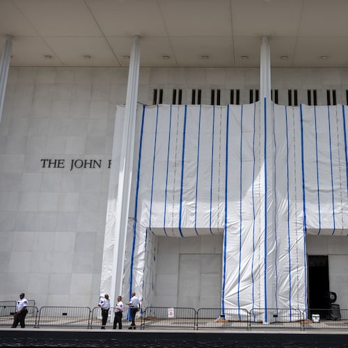 The exterior of the Kennedy Center is seen, Friday, July 31, 2026, in Washington. (AP Photo/Mark Schiefelbein)