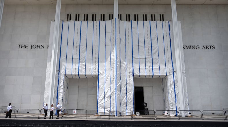 The exterior of the Kennedy Center is seen, Friday, July 31, 2026, in Washington. (AP Photo/Mark Schiefelbein)