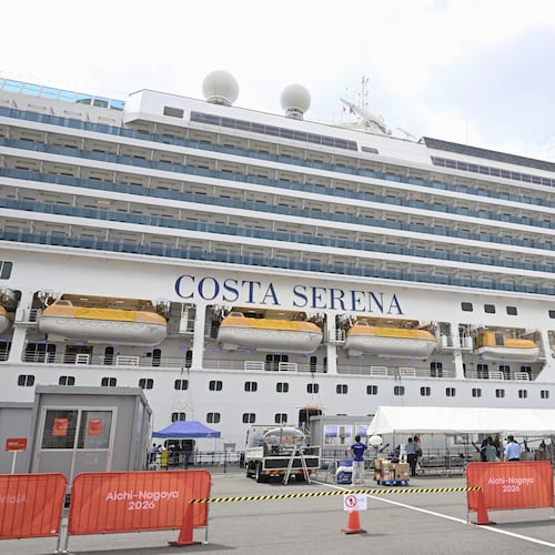 The Italian cruise ship, the Costa Serena, that will house up to 5,000 officials and athletes for the Asian Games, arrives at a port in Nagoya, central Japan, Tuesday, Sept. 15, 2026. (Kazushi Kurihara/Kyodo News via AP)