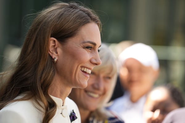 Britain's Kate, Princess of Wales arrives to attend the women's singles final between Poland's Iga Swiątek and Amanda Anisimova of the US at the Wimbledon Tennis Championships in London, Saturday, July 12, 2025. (Jordan Pettitt/Pool via AP)