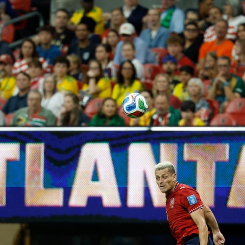 Czechia's Tomas Holes heads the ball during the World Cup Group A soccer match between Czechia and South Africa in Atlanta, Thursday, June 18, 2026. (AP Photo/Erik S. Lesser)