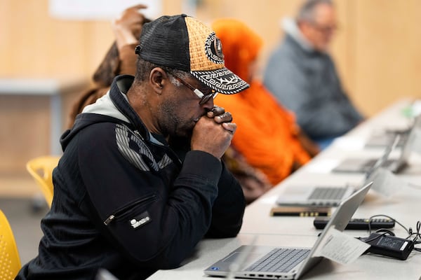 Brandon Dorn looks at his computer during a keyboard basics class offered by Free Geek on Thursday, May 15, 2025, in Portland, Ore. (AP Photo/Jenny Kane)