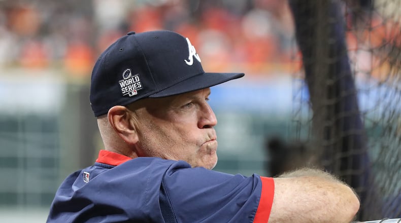 102621 HOUSTON: Braves manager Brian Snitker watches over batting practice as his team prepares to play the Astros in game 1 of the World Series on Tuesday, Oct. 26, 2021, in Houston.   “Curtis Compton / Curtis.Compton@ajc.com”