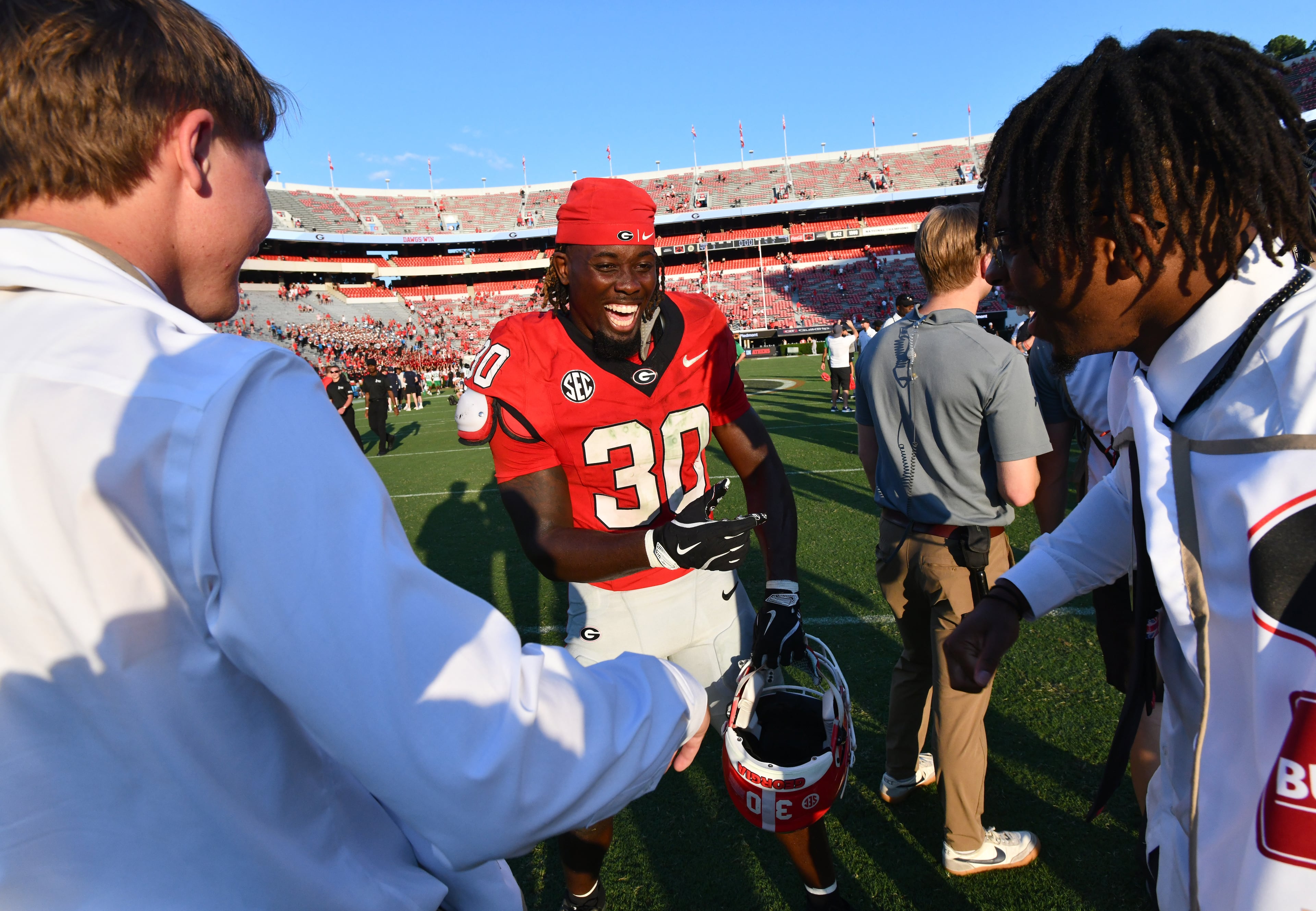Georgia linebacker Terrell Foster (30) celebrates after Georgia beat Marshall during an NCAA football game at Sanford Stadium, Saturday, August 30, 2025, in Athens. Georgia won 45-7 overMarshall. (Hyosub Shin / AJC)