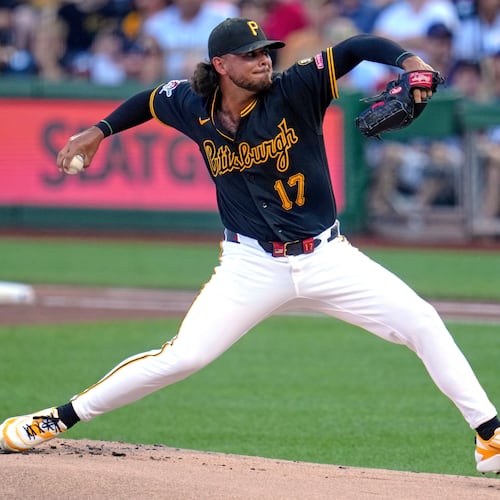 Pittsburgh Pirates pitcher Jared Jones delivers during the first inning of a baseball game against the Atlanta Braves in Pittsburgh, Wednesday, July 8, 2026. (AP Photo/Gene J. Puskar)