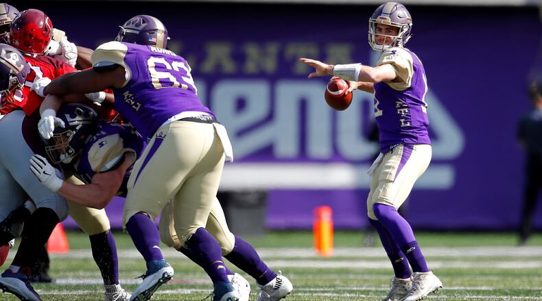 Legends quarterback Aaron Murray attempts a pass against the San Antonio Commanders during the first half Sunday, March 17, 2019, at Georgia State Stadium in Atlanta.