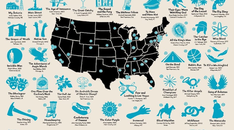 Mark Adams is a graphic artist in Pennsylvania who’s created a hand-drawn, hand-printed map that marks the setting of 42 “Great American Novels.” Adams hopes to encourage people to think more about the “remarkable stories that are truly unique to our country” — and of course, to read more books. CONTRIBUTED BY MARK ADAMS, HOG ISLAND PRESS