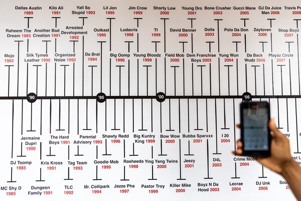 A timeline of Atlanta hip-hop is on display during a soft launch of a hip-hop pop-up experience at Underground Atlanta on Friday, September 1, 2023. Hip-hop celebrates its 50th anniversary this year. (Arvin Temkar / arvin.temkar@ajc.com)