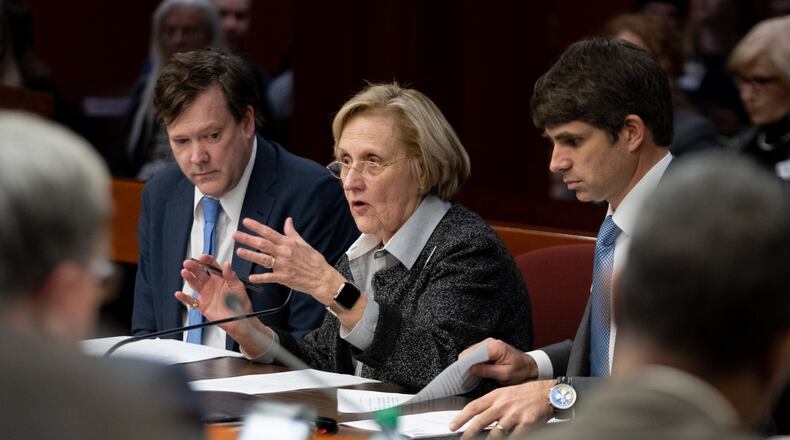 Rep. Sharon Cooper, R-Marietta, chair of the House Health and Human Services committee, presents her senior care bill and answers questions during a committee meeting in February. Rep. John LaHood (picture at right), R-Valdosta, operates senior care homes and was a co-sponsor of the reform bill. BEN GRAY FOR THE AJC