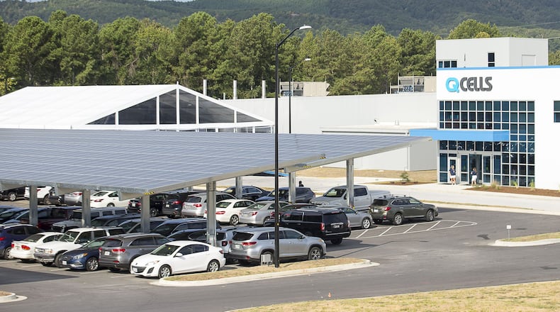 09/20/2019 — Dalton, Georgia — The exterior of Hanwha Q Cells solar manufacturing facility in Dalton, Friday, September 20, 2019. The plant started production earlier this year. It is the largest solar manufacturing plant in the Western Hemisphere. (Alyssa Pointer/alyssa.pointer@ajc.com)