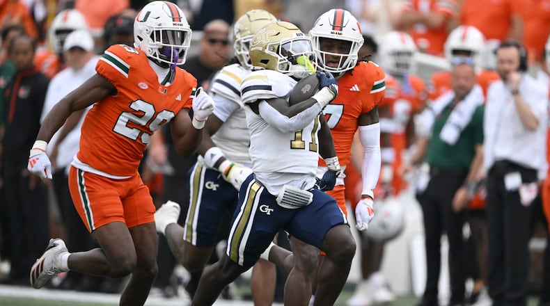 Georgia Tech running back Jamal Haynes (11) runs for a long first down during the first half of an NCAA college football game at Georgia Tech's Bobby Dodd Stadium, Saturday, November 9, 2024, in Atlanta. (Hyosub Shin / AJC)