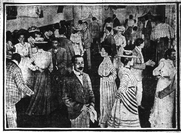 An image from an article titled "Down in the dance halls of Decatur Street" in the Atlanta Constitution published July 13, 1902. The original caption said it was a "flashlight photograph of a ball room on Decatur Street - taken by Volberg, staff photographer." (AJC archival Image)