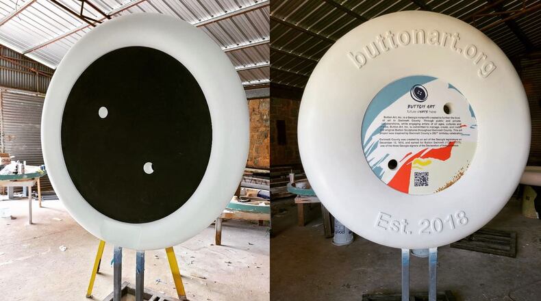 The first of Lilburn's two Button Art designs, a massive chalkboard, is assembled and ready for installation outside City Hall and Gwinnett Library at 340 Main St. (Courtesy City of Lilburn)