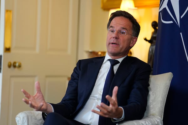 Nato Secretary General Mark Rutte talks during his meeting with Britain's Prime Minister Sir Keir Starmer at 10 Downing Street in London, Monday, June 9, 2025. (Jordan Pettitt/PA via AP)