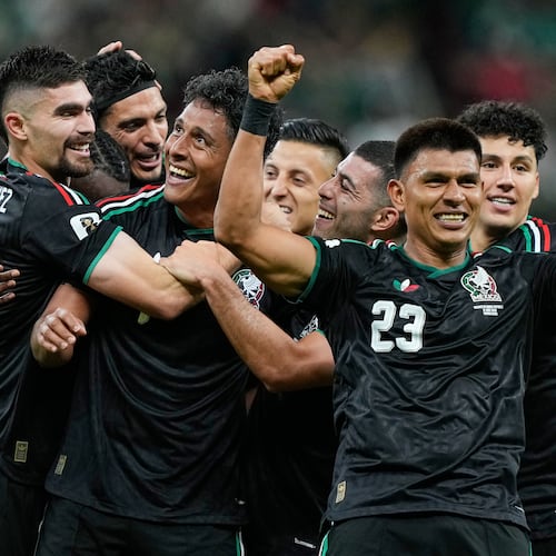 Mexico's Luis Romo, third left, celebrates with his teammates after scoring g his team's first goal during the World Cup Group A soccer match between Mexico and South Korea in Zapopan, near Guadalajara, Mexico, Thursday, June 18, 2026. (AP Photo/Natacha Pisarenko)