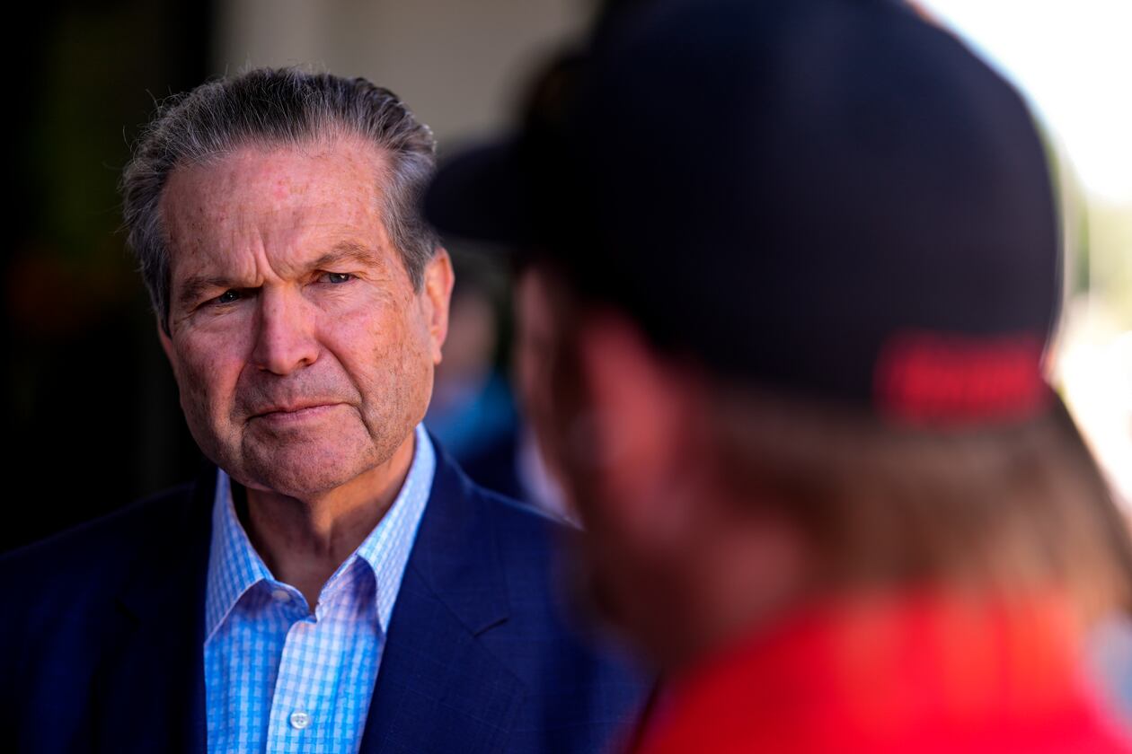 Republican gubernatorial candidate Rick Jackson speaks to voters during a campaign stop, Wednesday, May 13, 2026, in Hiram. (Mike Stewart/AP)