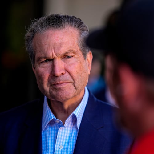 Republican gubernatorial candidate Rick Jackson speaks to voters during a campaign stop, Wednesday, May 13, 2026, in Hiram. (Mike Stewart/AP)