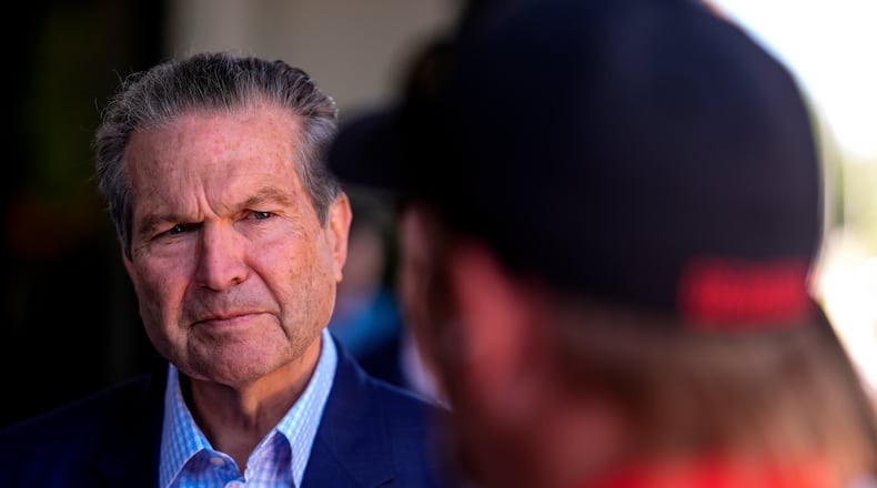 Republican gubernatorial candidate Rick Jackson speaks to voters during a campaign stop, Wednesday, May 13, 2026, in Hiram. (Mike Stewart/AP)