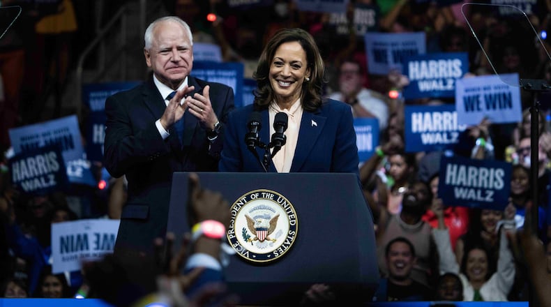 Vice President Kamala Harris, Democratic nominee for president, and her running mate Minnesota Gov. Tim Walz, conduct a rally to kick off their campaign at the Liacouras Center in Philadelphia, on Tuesday, Aug. 6, 2024. (Tom Williams/CQ Roll Call via Zuma Press/TNS)