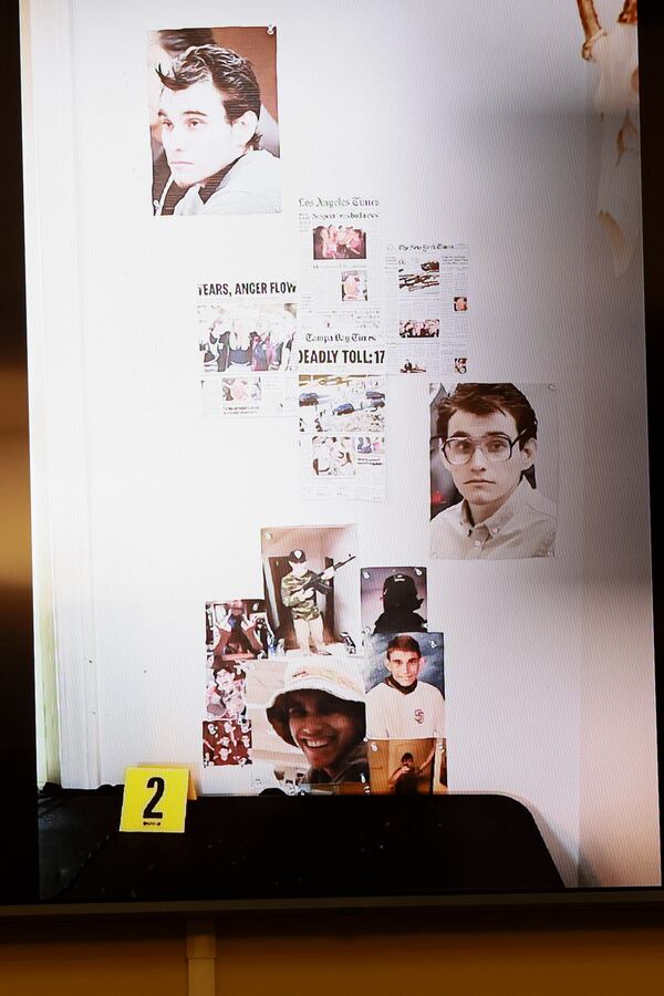 A collage of Parkland Florida School shooter Nikolas Cruz was found in the bedroom of Colt Gray, the Apalachee High School shooting suspect. The collage was presented by the prosecution in the trial of Colin Gray, the suspect's father. (Jason Getz/AJC)