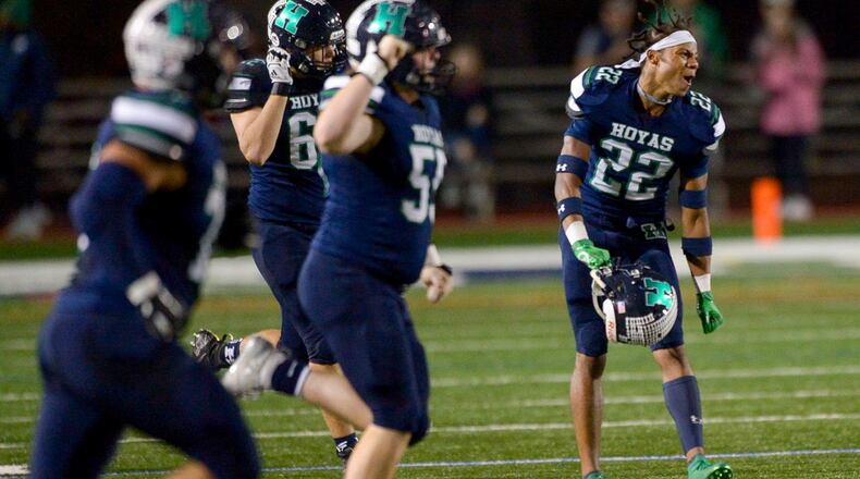 Harrison wide receiver Marques Owens (22) and Hoya teammates react to an interception against Houston County in the second half of their game Harrison High School Friday, November 29, 2019. PHOTO/Daniel Varnado